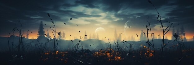 a full moon in the sky over a field of grass and trees