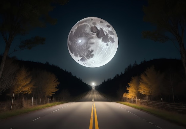 full moon spooky road at night