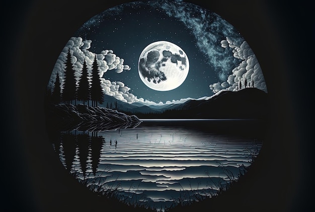 Full moon in the starry night sky moonlight reflecting in the lakes crystal clean water