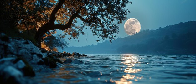 A full moon that is shining over the water