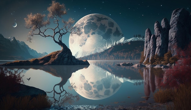Full moon vector illustration fantasy background wallpaper image Ai generated art
