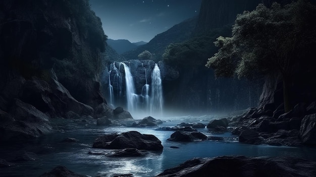 Photo a full moon over a waterfallgenerative ai