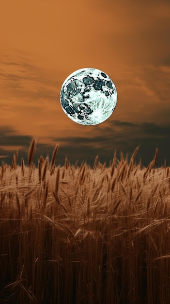 Full moon over wheat field at sunset 3d render illustration