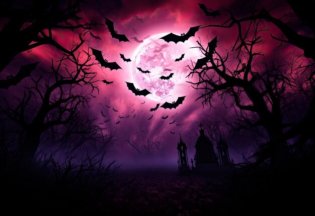 полная луна с летучими мышами, выходящими из земли в светло-коричневом и фиолетовом стиле