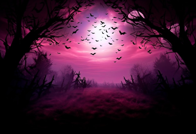 полная луна с летучими мышами, выходящими из земли в светло-коричневом и фиолетовом стиле