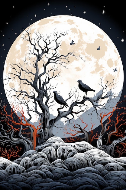 a full moon with birds on the tree.