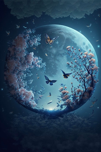 Full moon with butterflies flying around it generative ai