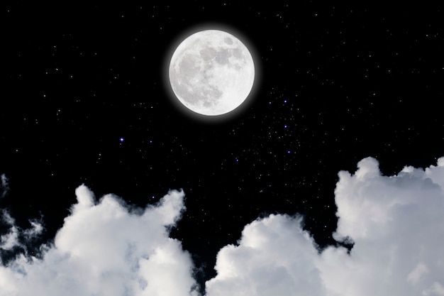 Full moon with starry and clouds background. Dark night. 