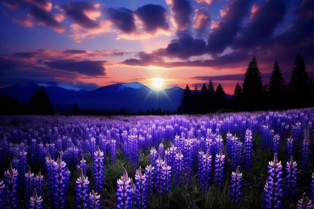 Full moonrise over a field of vibrant bluebells or lupines