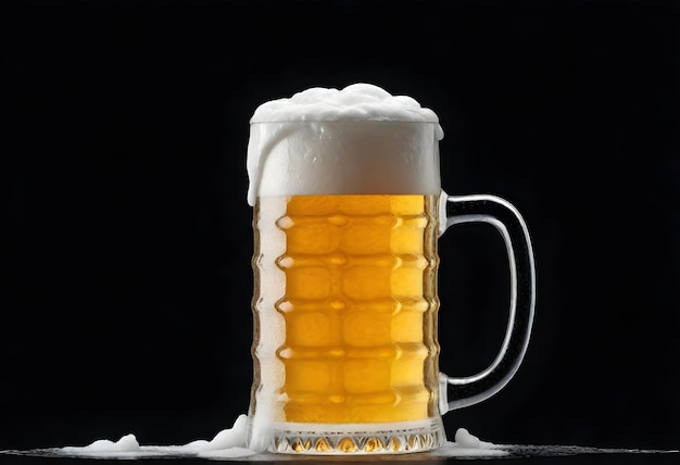 A full mug of beer with foam overflowing against a black background