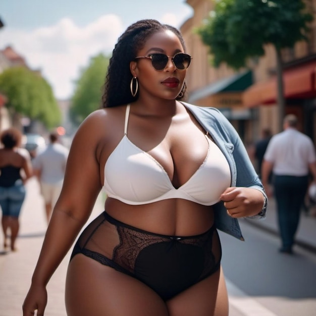 Photo full photo a fat black woman with big boobs and big buttocks in sexy panties stripped in a beautif