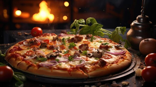 full pizza with vegetables and meat on wooden table with blur background