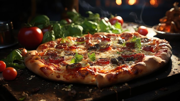 full pizza with vegetables and meat on wooden table with blur background