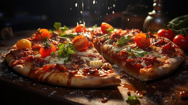 Foto pizza piena di verdure e carne su un tavolo di legno con sfocatura sullo sfondo