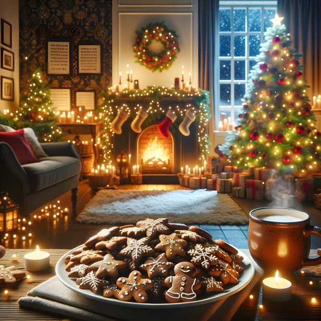 A full plate of gingerbread cookies and a mug with a hot drink in a room decorated for christmas