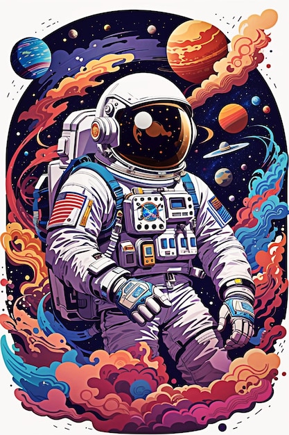 Full portrait an astronaut floating through space using balloons shaped like planets