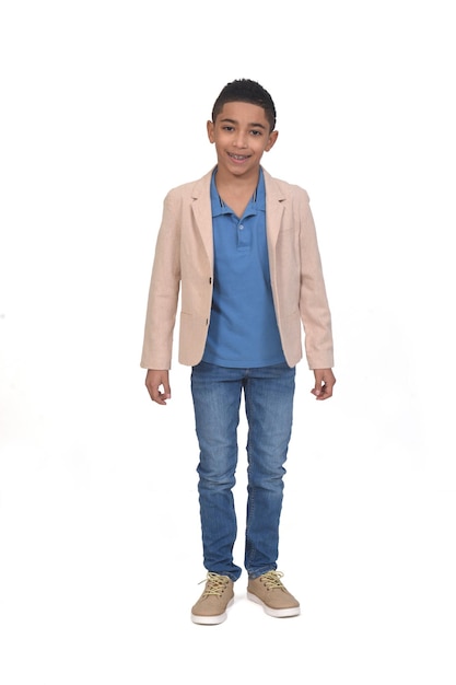 Full portrait of boy with blazer on white background