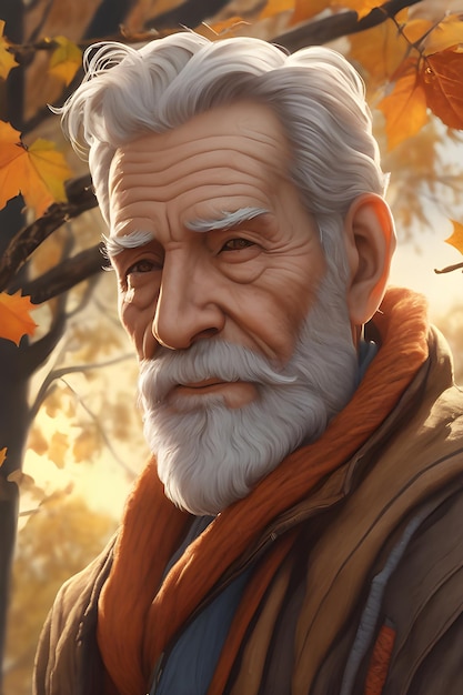 A full portrait captures an old man bathed in autumn lights