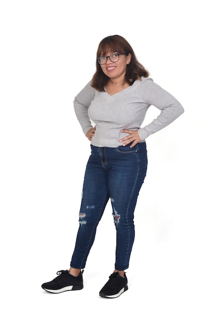 Full portrait of a womam smiling on white background