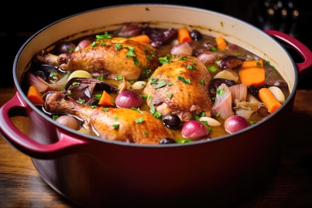 Full pot of coq au vin ready for serving