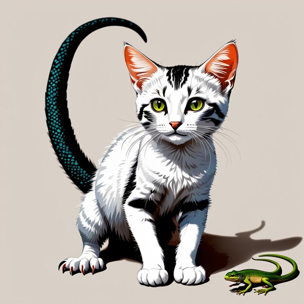 полная реалистичная фотография животного с головой кошки и ногами и хвостом ящерицы