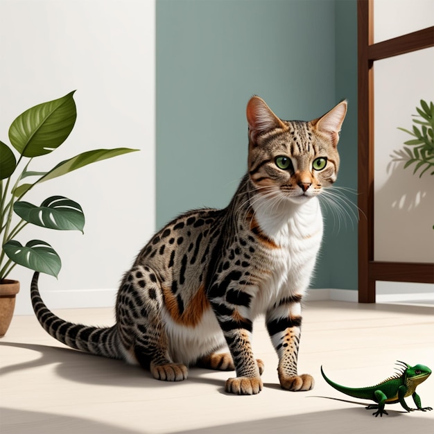 a full realistic photograph of an animal that has head of a cat and the legs and tail of a Lizards