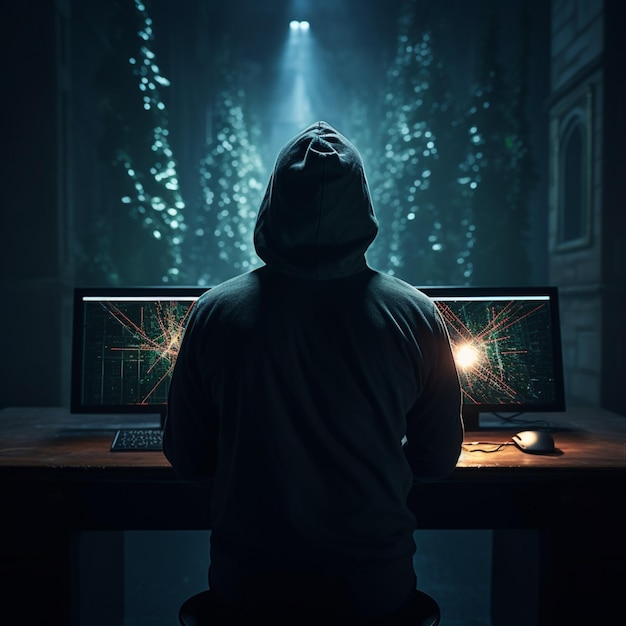 Full rear view of an anonymous hooded hacker coding in darkness For Social Media Post Size