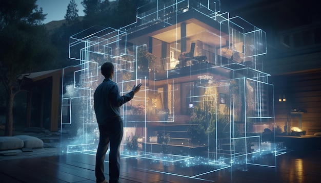 A full scale digital house made of pixels and holograms being built while a happy and inspired man i