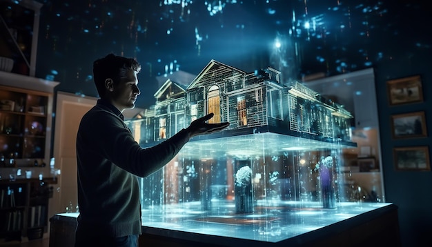 A full scale digital house made of pixels and holograms being built while a happy and inspired man i