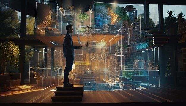 Photo a full scale digital house made of pixels and holograms being built while a happy and inspired man i