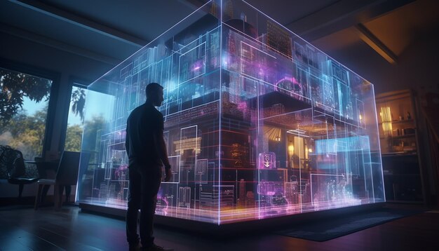 Photo a full scale digital house made of pixels and holograms being built while a happy and inspired man