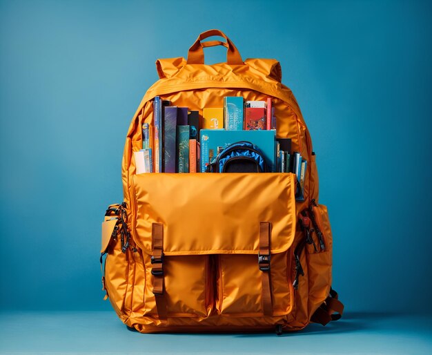 Full school backpack on blue background