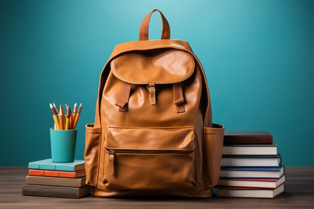 Full school backpack with books isolated on blue background with copy space AI generative