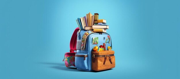 Full school backpack with books isolated on blue background with copy space