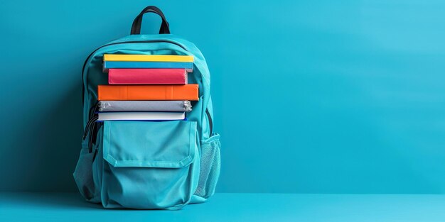 Full school backpack with books isolated on blue background