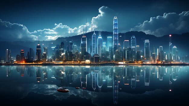 Full screen front view the hong kong city architecture tech big data smart city