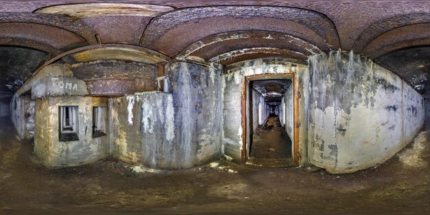 Full seamless 360 degrees angle view panorama inside abandoned military fortress of the First World War in the forest in equirectangular spherical projection Ready for VR AR content