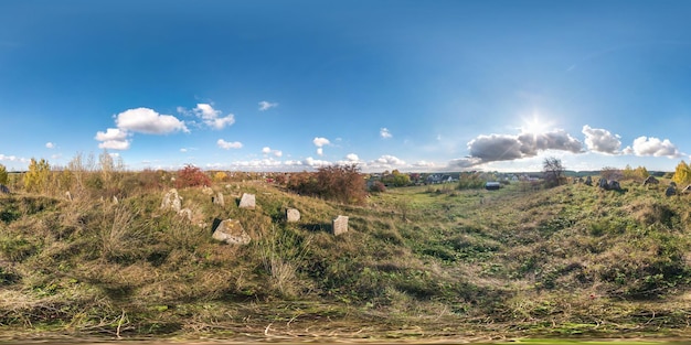 Full seamless panorama 360 degrees angle in equirectangural\
spherical cube projection 360 panorama on small old jewish cemetery\
vr ar content