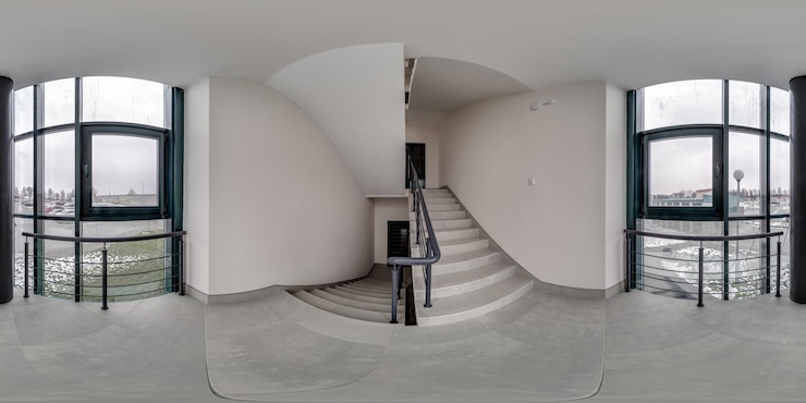 Photo 비어 있는 현대적인 홀 계단의 완벽한 구형 hdri 360 파노라마 보기 및 ar vr 콘텐츠에 사용할 준비가 된 정방형 프로젝션의 파노라마 창