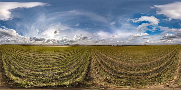 Full seamless spherical hdri panorama 360 degrees angle view on\
among fields in spring day with awesome clouds in equirectangular\
projection ready for vr ar virtual reality content