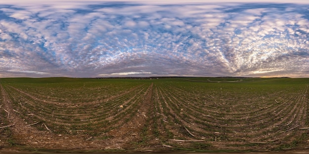 Full seamless spherical hdri panorama 360 degrees angle view on among fields in spring evening with awesome clouds in equirectangular projection ready for VR virtual reality content