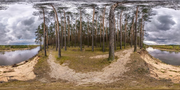 Full seamless spherical hdri panorama 360 degrees angle view on\
high sandy beach of wide river in pinery forest in spring day in\
equirectangular projection ready for ar vr virtual reality\
content