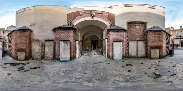 Full seamless spherical hdri panorama 360 degrees angle view near entrance in of old Armenian church in equirectangular projection with zenith and nadir VR AR content