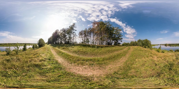 Full seamless spherical panorama 360 by 180 angle view on the\
shore of width river neman in sunny summer day in equirectangular\
projection ready vr virtual reality content