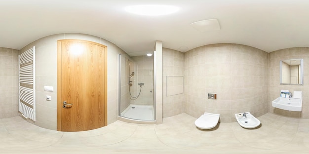 Full seamless spherical panorama 360 degrees view in modern white empty restroom bathroom with shower cabin in equirectangular spherical projection ready VR AR content