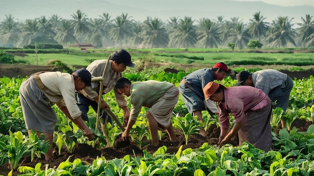 Full shot of asian farmers cultivating crop in the farm