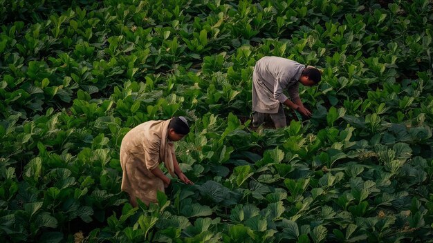 Photo full shot of asian farmers cultivating crop in the farm