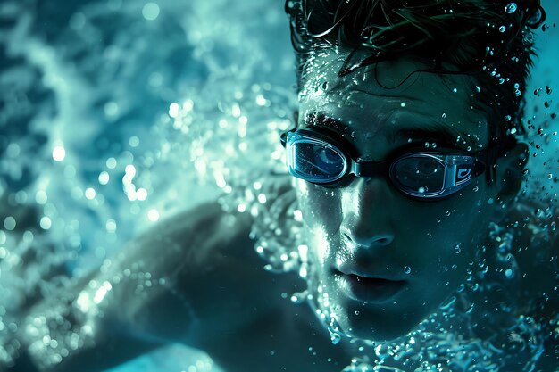 Foto atleta che nuota con gli occhiali da sole