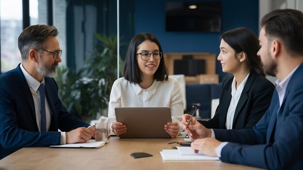 Full shot business people sitting at table