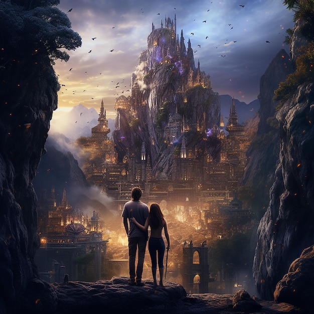 Full Shot Couple Hugging in Fantasy World